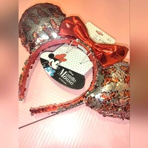 Disney Minnie Mouse Ears Reversible Red Silver Sequin Bow Headband